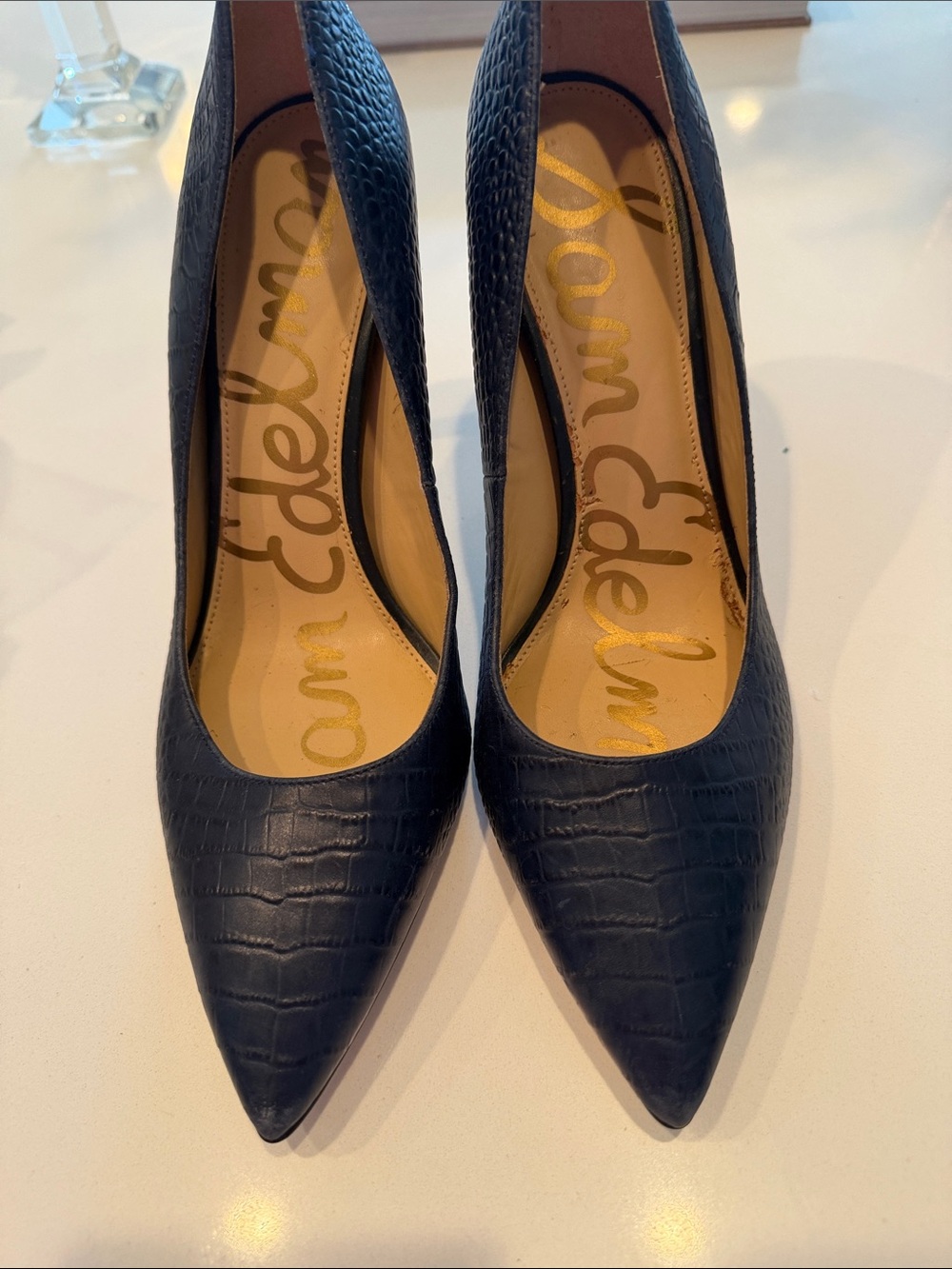 Sam Edelman Navy Croc-Embossed Pointed Toe Heels